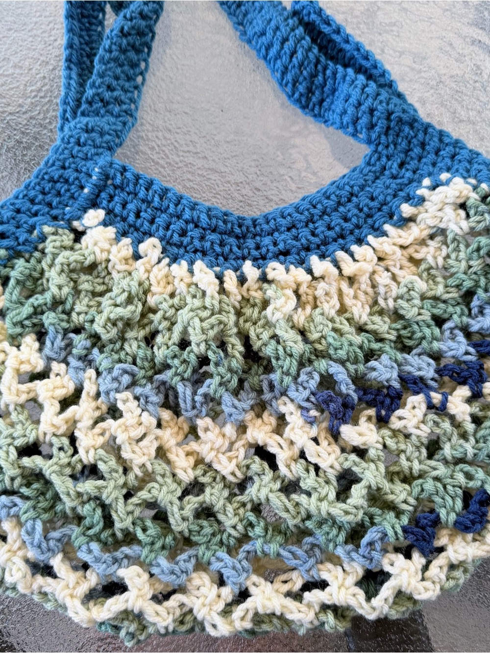 Hand-Crocheted Blue and Multicolor Women’s Mesh Farmers Market Bag